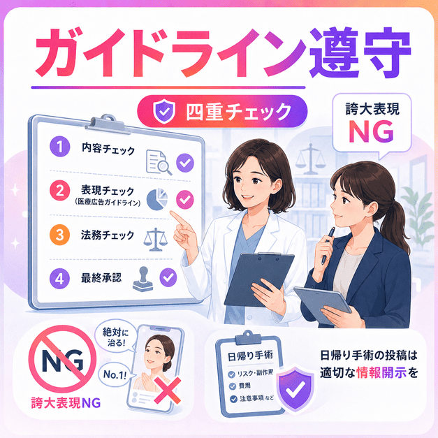 医療広告ガイドラインとInstagramポリシーを守るため、医師や担当者が四重チェックを行う様子
