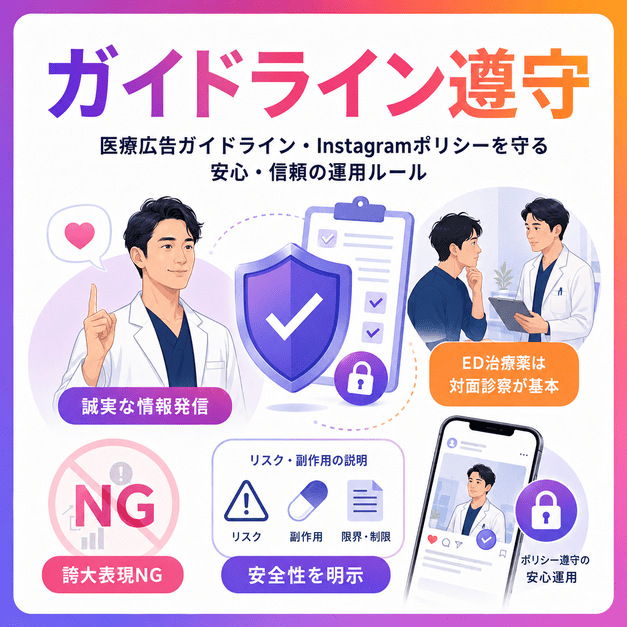 医療広告ガイドラインとInstagramポリシーを守り、誇大表現を避けて安全性を明示する運用ルールのイラスト