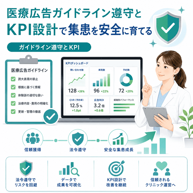 医療広告ガイドラインを守りながらKPIを設計し、甲状腺専門クリニックの集患を安全に伸ばすイメージ