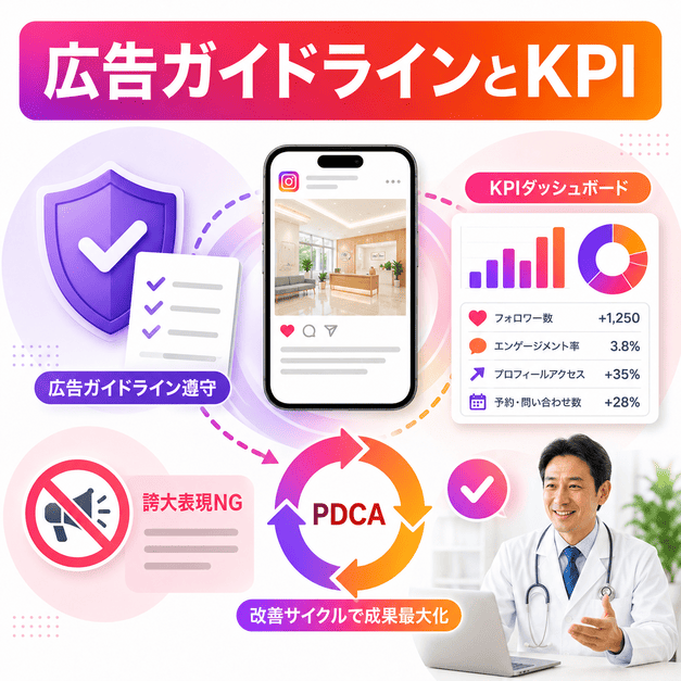 医療広告ガイドライン遵守とKPIダッシュボードによるInstagram運用改善を示したイラスト
