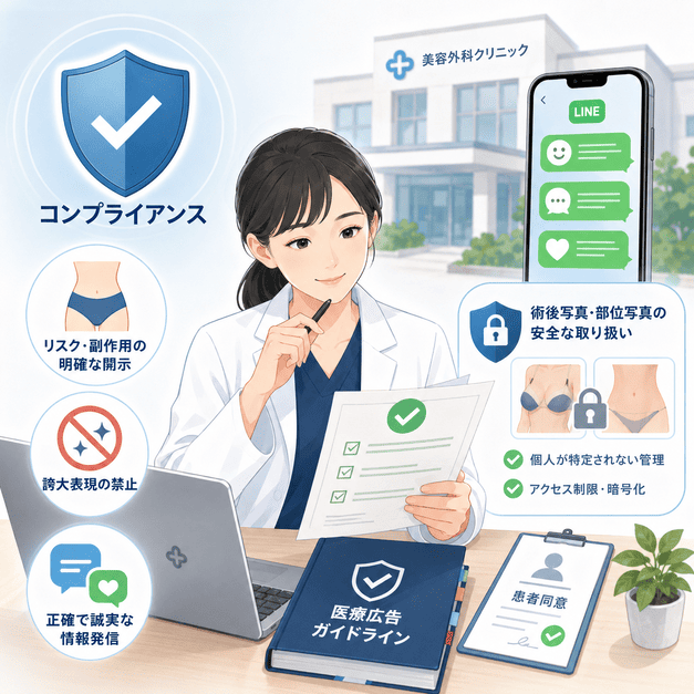 医療広告ガイドラインやLINEポリシーを守り、経過写真や患者情報を安全に扱う配信設計のイラスト