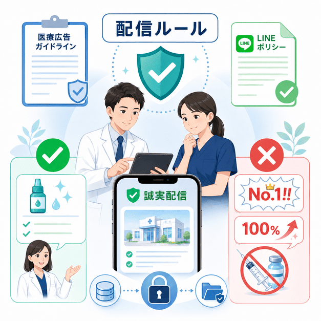 医療広告ガイドラインとLINEポリシーを守りながら誠実に配信する眼科LINE運用のイメージ