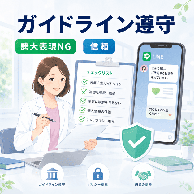 医療広告ガイドラインとLINEポリシーを守り、誇大表現を避けながら患者の信頼を得る運用体制を示したイラスト