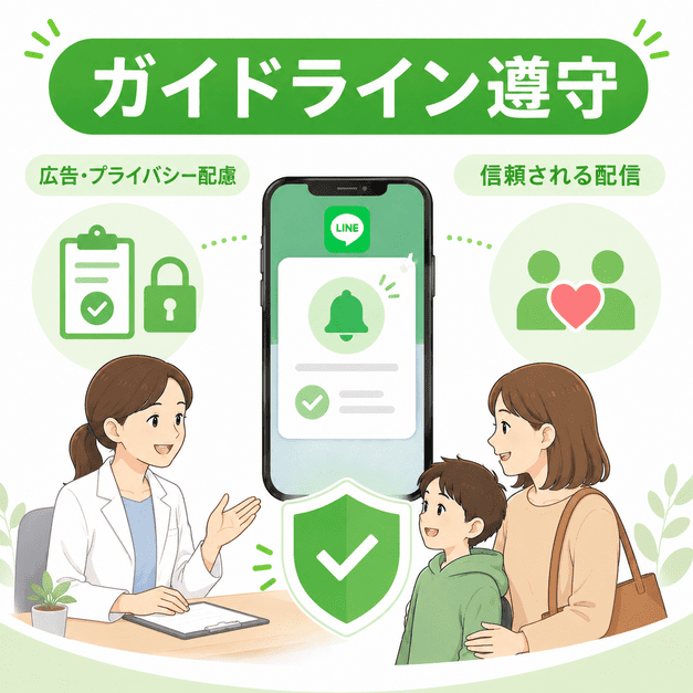 医療広告ガイドラインとLINEポリシー、プライバシー配慮を守りながら信頼される配信を行う様子を示したイラスト