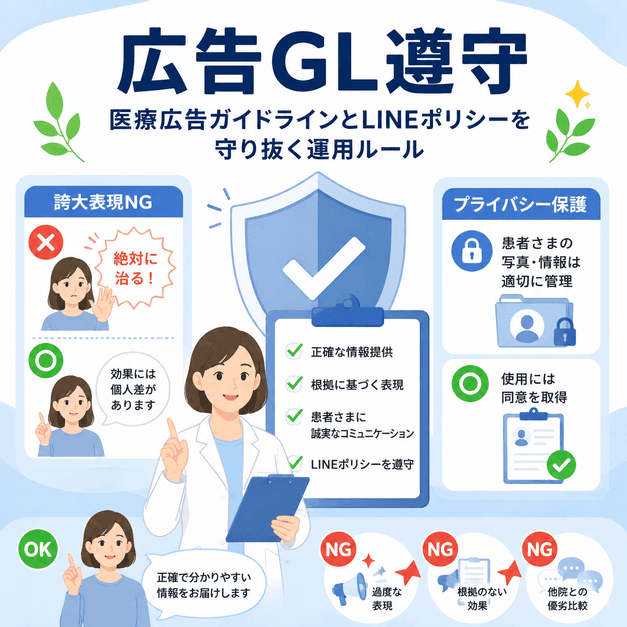 皮膚科LINE運用で医療広告ガイドラインやLINEポリシー、プライバシー保護を守るイメージ