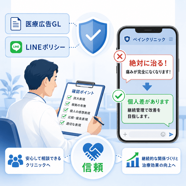 医療広告ガイドラインとLINEポリシーを確認し適切な表現で信頼を築くイメージ