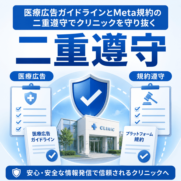 医療広告ガイドラインとMeta規約の二重遵守により、がん検診クリニックを守る仕組みを表したイラスト