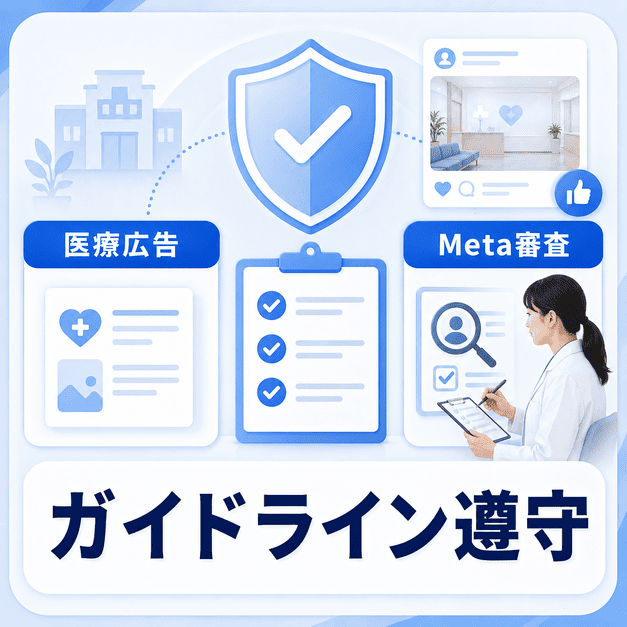 医療広告ガイドラインとMeta広告ポリシーを二重に確認し不妊治療クリニックのFacebook運用を守るイラスト