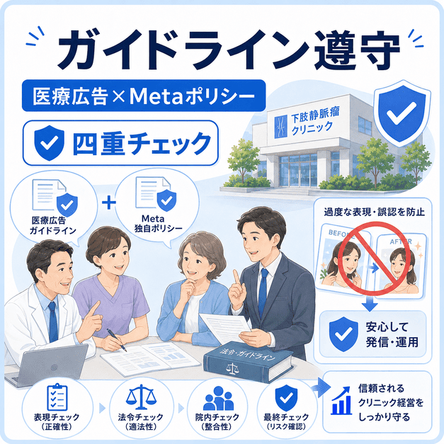 医療広告ガイドラインとMeta独自ポリシーを確認しながら安全に情報発信する四重チェック体制を示したイラスト