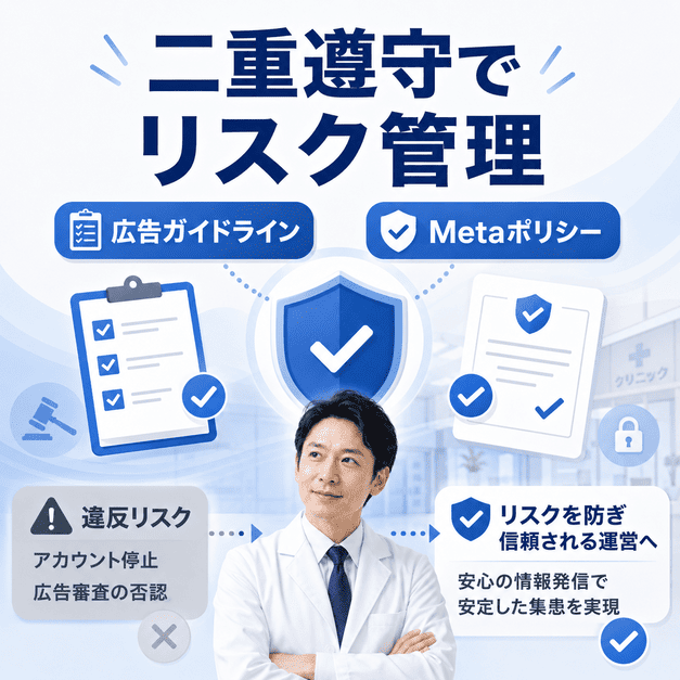 医療広告ガイドラインとMetaポリシーを二重に確認し、広告違反やアカウント停止リスクを防ぐイラスト