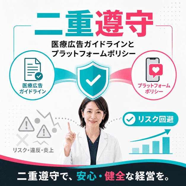 医療広告ガイドラインとプラットフォームポリシーを二重に守り、リスクを回避する運用を示すイラスト