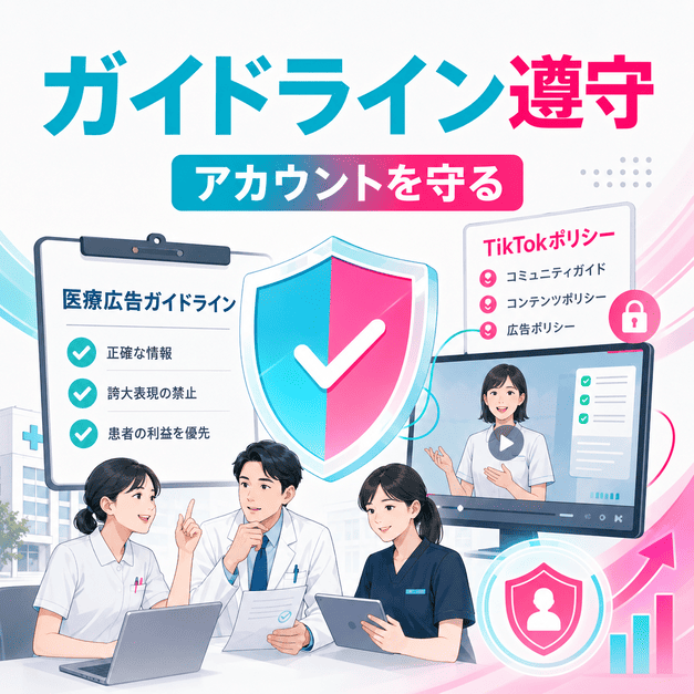 医療広告ガイドラインとTikTokポリシーを確認しながら安全に動画配信するチェック体制のイメージ