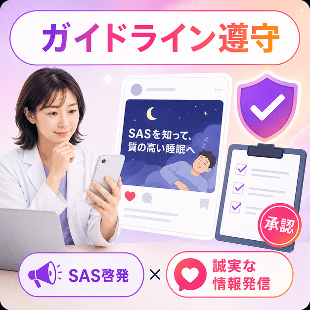 医師がSAS啓発投稿を確認し、医療広告ガイドラインを守りながら誠実に情報発信する様子を示したイラスト