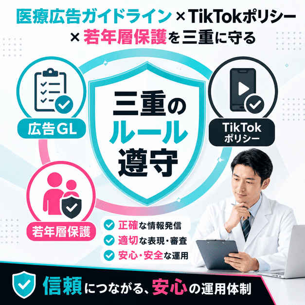 医療広告ガイドライン、TikTokポリシー、若年層保護を三重に守るチェック体制を表したイラスト