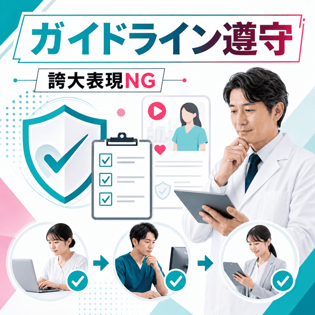 医療広告ガイドラインとTikTokポリシーを守るため、医師やスタッフが投稿内容を確認する様子を表したイラスト