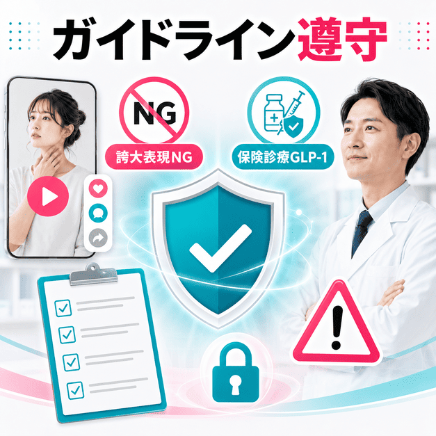 医療広告ガイドラインとTikTokポリシーを守り、誇大表現を避けて安全に運用することを示した図解
