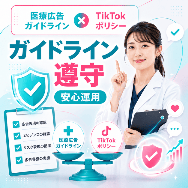 医療広告ガイドラインとTikTokポリシーを両立し、安全に運用する体制を表したイラスト