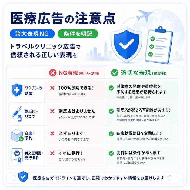 トラベルクリニック広告で避けるべき誇大表現と適切な医療広告表現を比較した図解