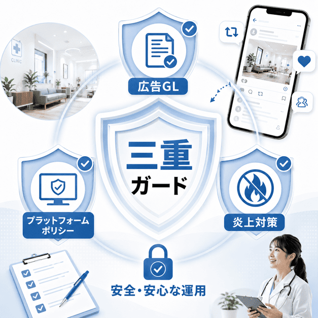 医療広告ガイドライン、Xポリシー、炎上対策の三重ガードで安全に運用する様子を示したイラスト