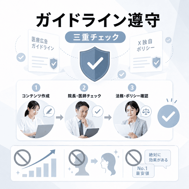 医療広告ガイドラインとX独自ポリシーを守るための三重チェック体制を示したイラスト
