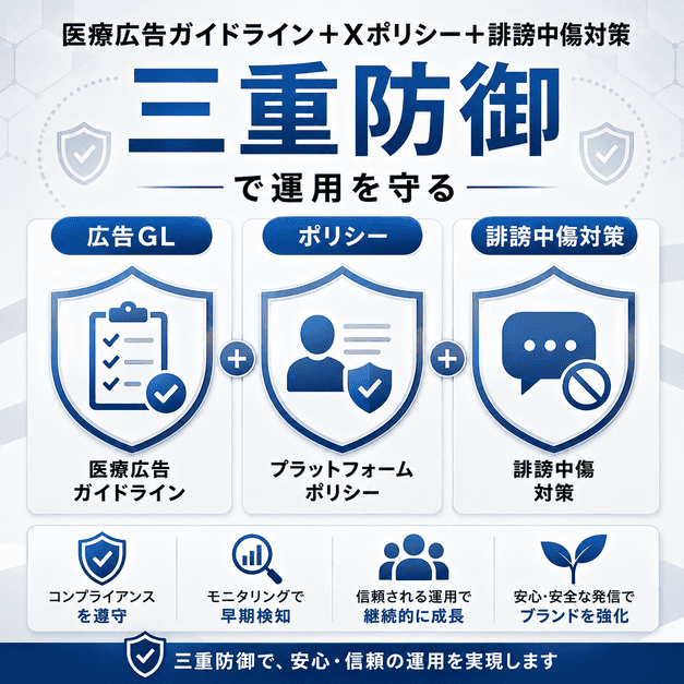 医療広告ガイドライン、Xポリシー、誹謗中傷対策の三重防御で安全な運用を守る図解