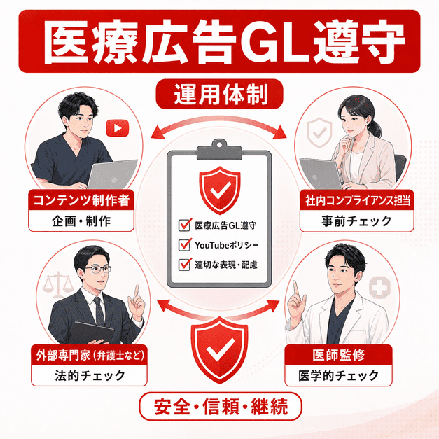 医療広告ガイドラインとYouTubeポリシーを守るために、制作担当・法務・医師監修でチェックする運用体制のイラスト