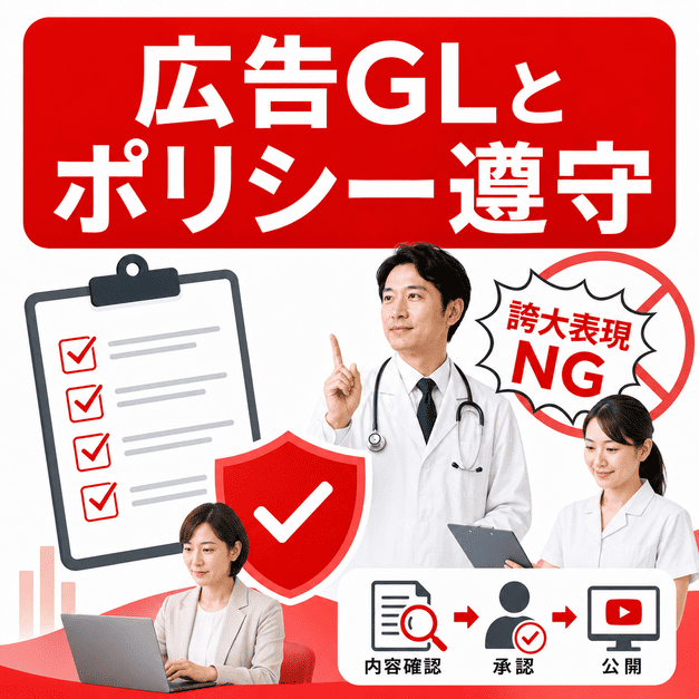 医療広告ガイドラインとYouTubeポリシーを守るため、チェックリストや承認フローで誇大表現を防ぐ様子を示したイラスト