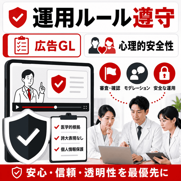 医療広告ガイドラインや心理的安全性を守るために、医療チームが動画内容を確認する運用ルールの図