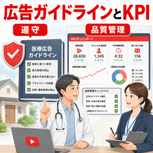 医療広告ガイドラインのチェックリストとYouTube運用のKPIダッシュボードを確認するイラスト