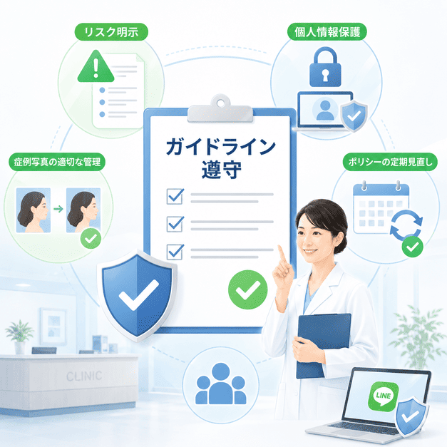 医療広告ガイドライン、LINEポリシー、リスク明示、個人情報保護を守る運用管理のイメージ