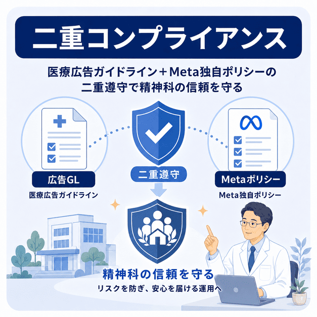 医療広告ガイドラインとMeta独自ポリシーを二重に遵守して精神科クリニックの信頼を守るイラスト