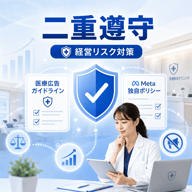医療広告ガイドラインとMeta独自ポリシーを二重遵守し経営リスクを抑えるイラスト