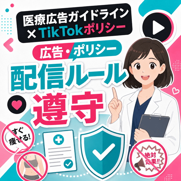 医療広告ガイドラインとTikTokポリシーを守りながら安全に配信するルールを示したイラスト