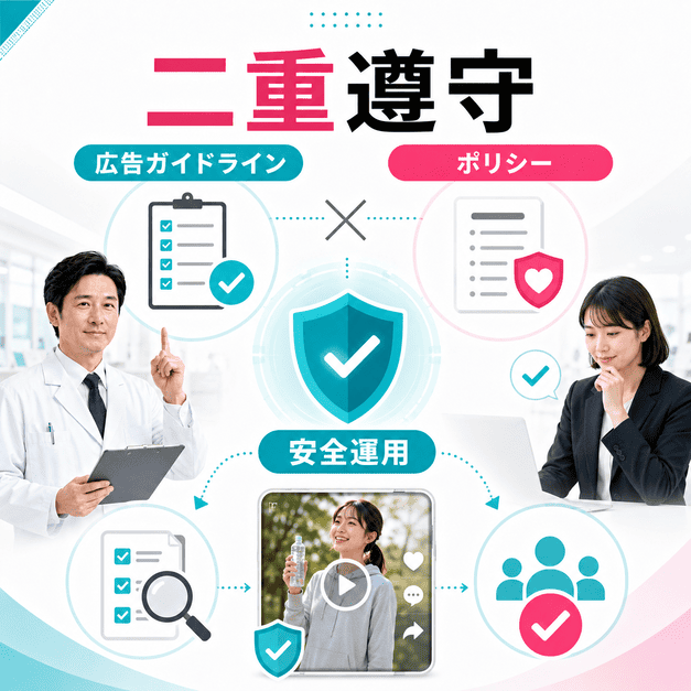 医療広告ガイドラインとTikTokポリシーを二重に確認し、安全に動画運用する体制のイメージ
