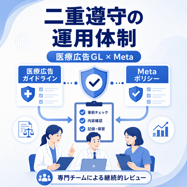 医療広告ガイドラインとMetaポリシーを二重に確認する緩和ケアFacebook運用体制を表したイラスト