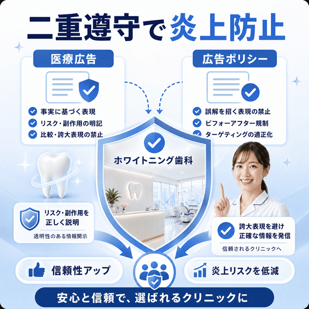医療広告ガイドラインとMetaポリシーを二重遵守し、審美歯科の炎上リスクを防ぐ仕組みを示した図解