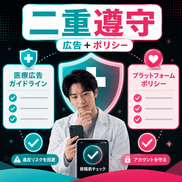 医療広告ガイドラインとTikTokポリシーを二重に確認して安全に投稿するイメージ