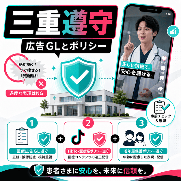 医療広告ガイドラインとTikTok医療系・若年層保護ポリシーを三重に遵守する体制を示したイラスト