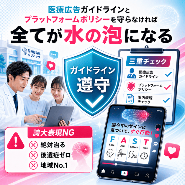 医療広告ガイドラインとTikTokポリシーを守るための三重チェックと誇大表現NGのイメージ