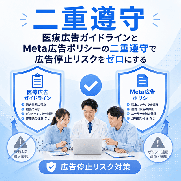 医療広告ガイドラインとMeta広告ポリシーを二重に確認して広告停止リスクを防ぐ体制を表したイラスト