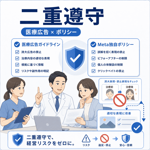 医療広告ガイドラインとMeta独自ポリシーの二重遵守を、チェック体制とリスク対策で示したイラスト