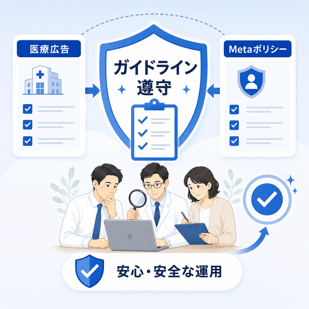 医療広告ガイドラインとMetaポリシーを確認し、安全にFacebook運用するためのコンプライアンス図解