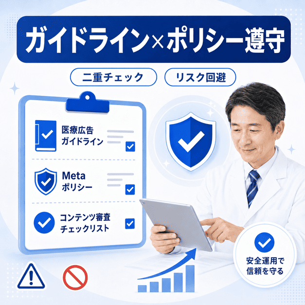 肛門外科クリニックのFacebook運用で、医療広告ガイドラインとMetaポリシーを二重チェックする様子を示すイラスト