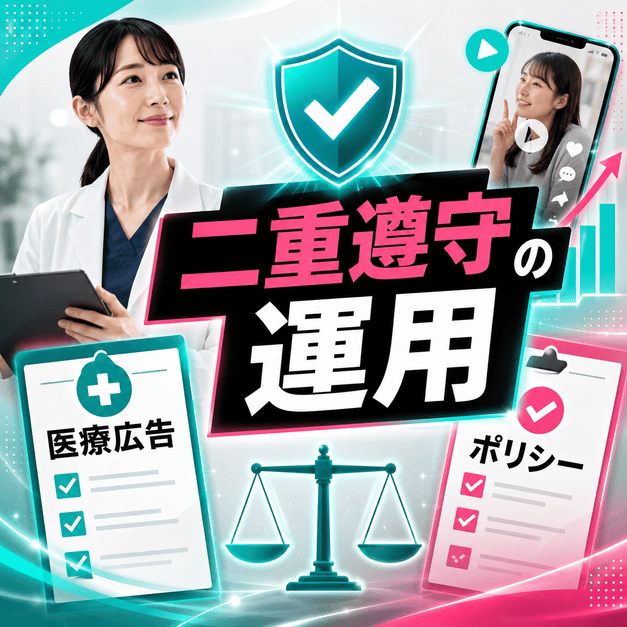 医療広告ガイドラインとTikTok独自ポリシーを二重に確認し安全に運用する様子