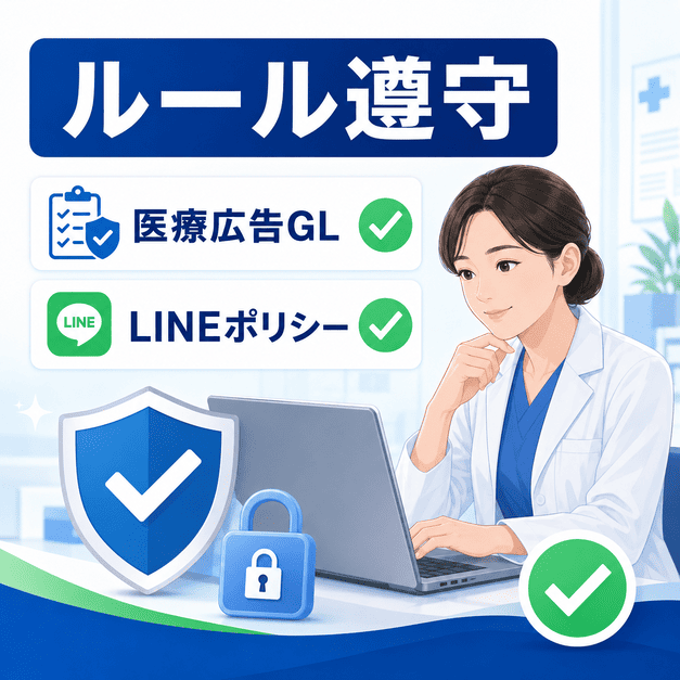 医療広告ガイドラインとLINEポリシーを守りながら、睡眠外来のLINE配信を安全に運用する様子を示したイラスト