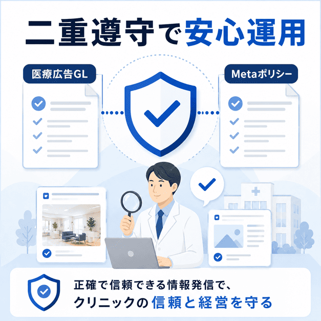 医療広告ガイドラインとMetaポリシーを二重に確認し、児童精神科クリニックの信頼と経営を守るイメージ