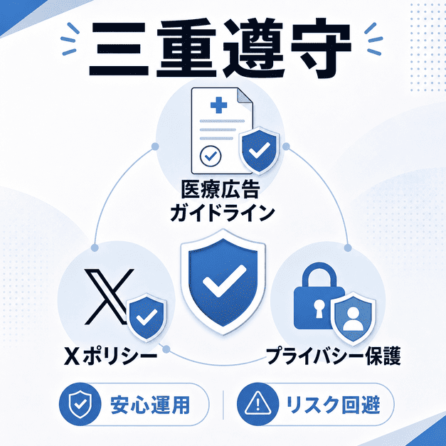 医療広告ガイドライン、Xポリシー、プライバシー保護の三重遵守を盾とチェックで示したイラスト