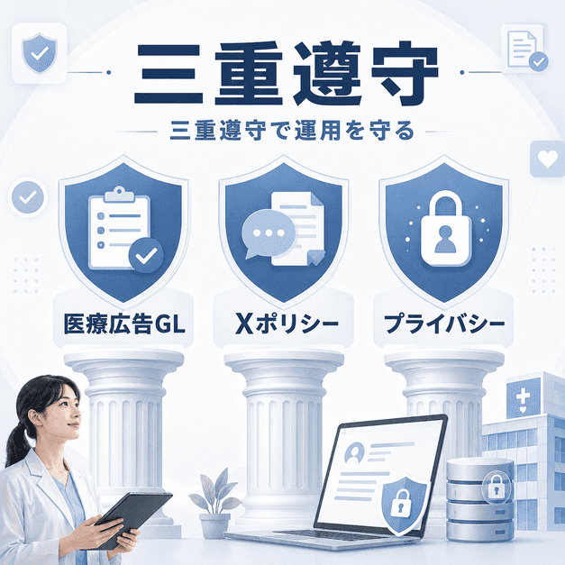 医療広告ガイドライン、Xポリシー、プライバシー保護の三重遵守で安全な運用を守るイラスト