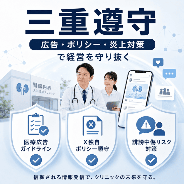 医療広告ガイドライン、X独自ポリシー、誹謗中傷リスク対策の三重遵守でクリニック経営を守る図解