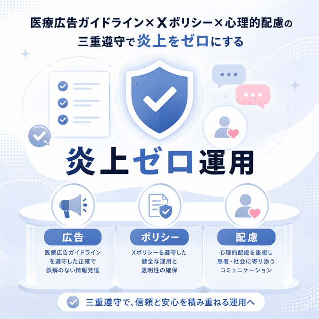 医療広告ガイドライン、Xポリシー、心理的配慮を三重に確認し、炎上リスクを防ぐ運用体制を表したイラスト